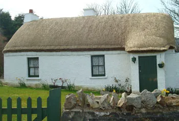 White thatched cottage with a green door