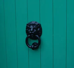 Dark door knocker on a green door